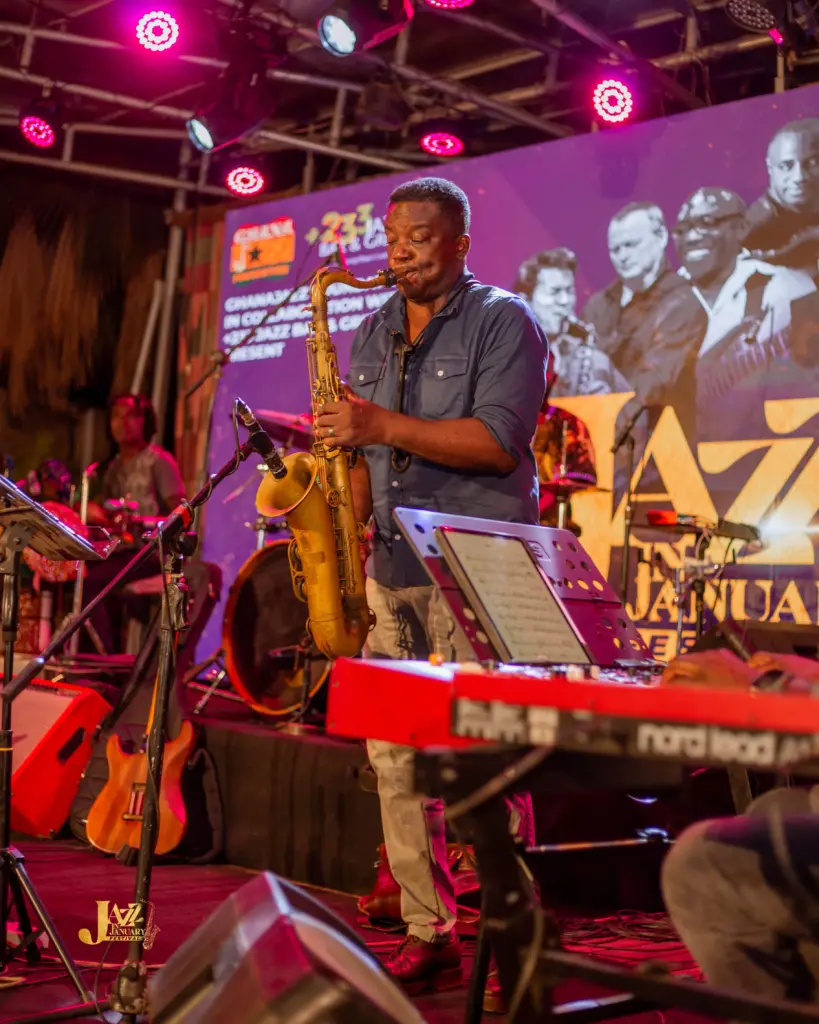 A man playing the saxophone at the Jazz in January event hosted by Ghana Jazz Foundation at +233 Jazz Bar & Grill